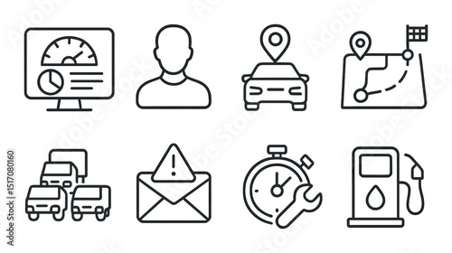 Navigation and vehicle management icon set: essential linear travel symbols