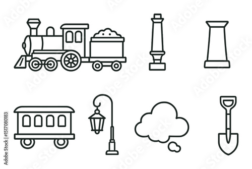 Transportation and industry linear icon set: travel and machinery symbols