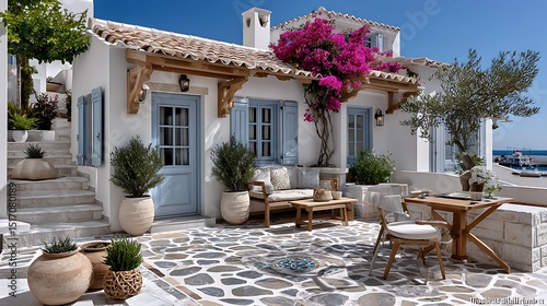 Traditional Cycladic architecture with floral vines blue doors and peaceful stone courtyard high resolution image