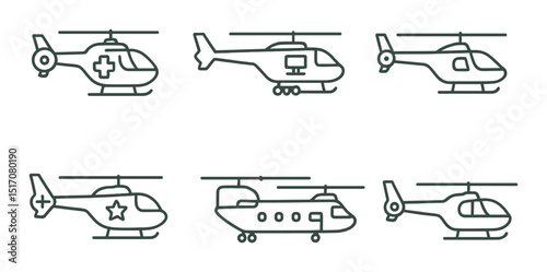 Military helicopters linear icon set. aviation and aircraft symbols for design