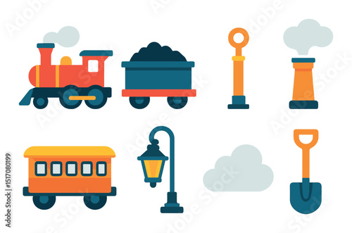 Transport and railway icon set in flat style. train and travel symbols collection