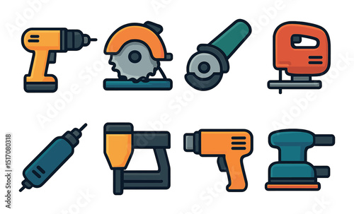 Power tools icon set in flat style. construction and diy symbols for projects