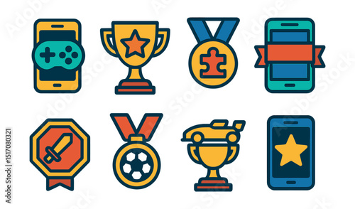 Flat vector icons of mobile gaming icons: touchscreen controller badge, casual game star trophy, mobile puzzle game medal, mobile battle royale ribbon, mobile RPG game badge, mobile sports game medal