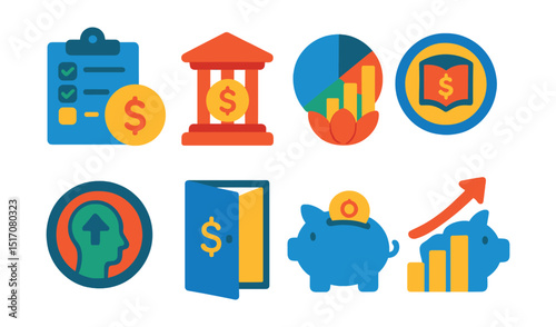 Flat vector icons of insight, discipline and growth: spending habit tracker, financial discipline icon, mindful spending chart, financial literacy badge, smart money habits, personal growth coin,