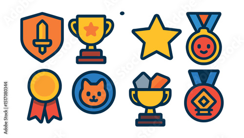 Flat vector icons of collectible items in gaming: rare weapon badge, limited edition item trophy, cosmetic skin unlock star, event-exclusive avatar medal, anniversary collectible ribbon, in-game pet