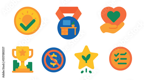 Flat vector icons of daily life achievements: creating a morning routine badge, organizing home office medal, achieving 30-day habit streak ribbon, practicing daily gratitude badge, completing