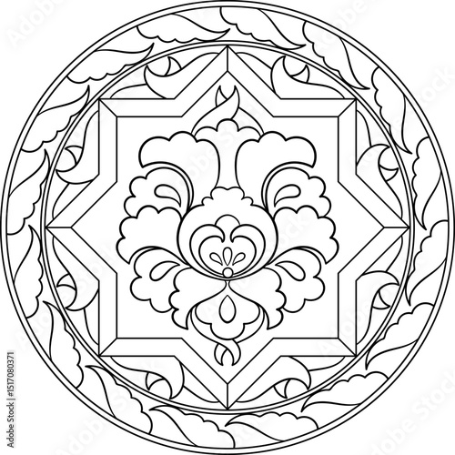 Hatai floral motif black outline mandala. Vector decoration and coloring page isolated element
