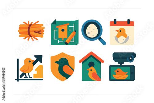Flat vector icons of bird nesting and breeding: nesting material bundle, nesting box plans, egg observation icon, hatch date tracker, fledgling growth chart, nesting site protection badge,