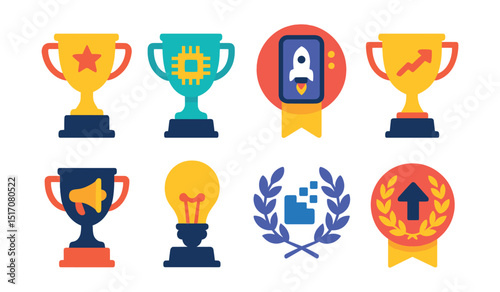 Flat vector icons of startup and innovation trophies: best startup award cup, tech innovation leader trophy, app launch success badge, entrepreneurial spirit award cup, startup pitch competition