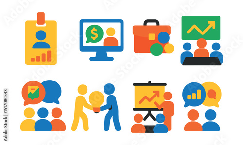 Flat vector icons of financial community and networking: investor meetup badge, online finance forum, community portfolio icon, stock club table, financial group chat, knowledge sharing icon,