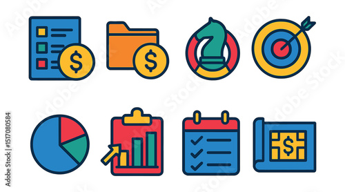 Flat vector icons of financial strategy and management: financial plan icon, money management folder, strategy wheel, SMART goal symbol, asset allocation chart, income stream planner, monthly review