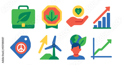 Flat vector icons of ethical and sustainable investing: green portfolio icon, ESG rating badge, ethical fund symbol, impact investing chart, socially responsible investment tag, renewable energy