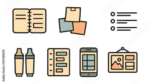 Outline with Fill icon set for planning workflow: planner notebook, sticky notes, timeline, bullet list, markers, time slots, planning app, vision board.