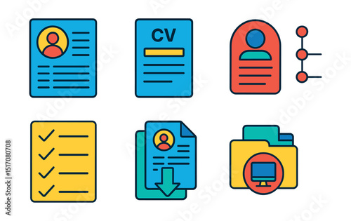 Flat vector icons of resumes and CVs: professional resume layout, CV document icon, profile summary section, experience timeline, skill list icon, downloadable resume symbol, resume folder, digital