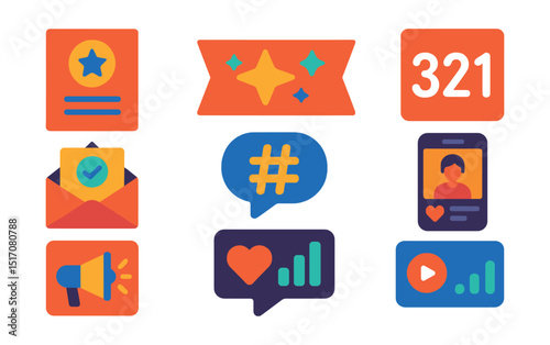 Flat vector icons of promotion and engagement: event flyer, promotional banner icon, countdown post, email invite, event hashtag bubble, influencer post, social media ad, live engagement meter.