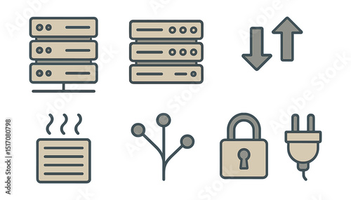 Outline with Fill vector icons of server infrastructure: rack server, server lights, data arrows, backup unit, heat vent, connected wires, secure lock, power plug.