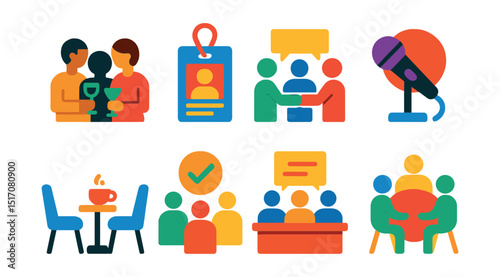 Flat vector icons of community and networking events: industry mixer icon, networking badge, meet-and-greet layout, open mic night, coffee chat setup, interest group gathering, speaker panel icon,