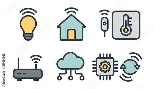 Outline with Fill vector icons of IoT ecosystem: smart bulb, connected home, IoT sensor, thermostat, router, data cloud, automation chip, wireless sync.
