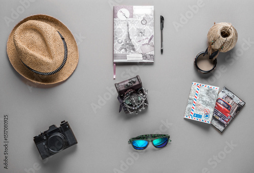 Travel Essentials Arranged on a Stylish Surface