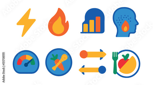 Flat vector icons of energy and metabolism: energy lightning bolt, metabolism flame icon, calorie burn chart, resting metabolic rate, energy levels tracker, food-for-fuel badge, slow vs fast
