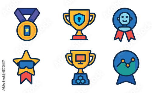 Flat vector icons of tech competitions: best app developer competition medal, fastest coding sprint badge, cybersecurity challenge trophy, robotics innovation contest ribbon, VR/AR development