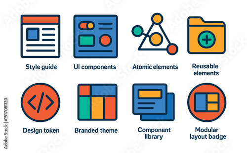 Flat vector icons of design systems and UI kits: style guide icon, UI components set, atomic design symbol, reusable elements folder, design token icon, branded theme palette, component library,