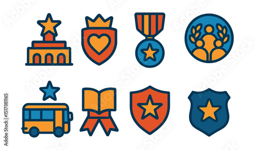 Flat vector icons of public service ratings: local government project excellence star, healthcare service top badge, emergency response hero medal, community support service badge, public transport