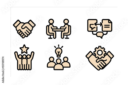 Outline with Fill icon set for business collaboration: connected hands, shared desk, message flow, task link, group success, brainstorm icon, support circle, partner gear.