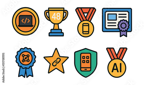 Flat vector icons of hackathon and coding competitions: best coding hackathon badge, 48-hour innovation sprint trophy, software prototype competition medal, best UX/UI project award, AI model