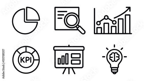 Outline with Fill icon set for business analysis: pie chart, magnifier over data, trend graph, analytics bars, KPI wheel, data board, comparison grid, insight icon.