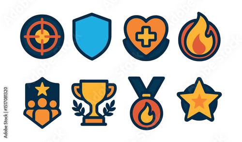Flat vector icons of popular esports roles: sniper player badge, tank role shield icon, support healer emblem, DPS (damage dealer) flame icon, esports team leader badge, team strategist trophy, top