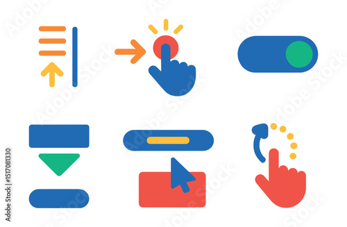 Flat vector icons of navigation feedback and microinteractions: scroll indicator, swipe animation, click ripple, toggle animation, dropdown transition, active state highlight, hover tooltip, gesture