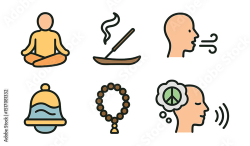 Outline with Fill style icons of meditation practice: seated pose, incense stick, calm wave, breath icon, meditation bell, mantra bead, inner peace, guided voice.