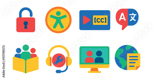 Flat vector icons of accessibility and educational equity: open access icon, inclusive design badge, subtitles on video, multilingual support symbol, learning for all icon, assistive tech tool,