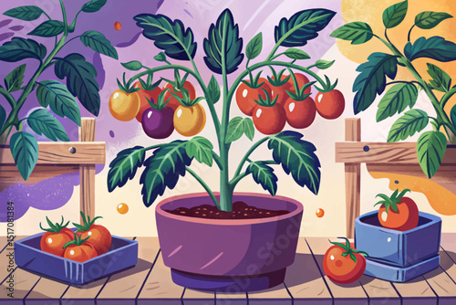 tomato set with plant and leaf illustration vector