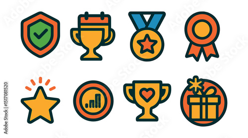 Flat vector icons of daily gaming rewards: login bonus badge, daily quest trophy, weekly challenge medal, monthly reward ribbon, streak bonus star, achievement milestone badge, loyalty rewards trophy