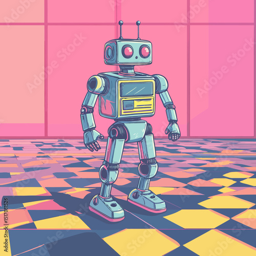 A robot with vibrant and playful characteristics enthralls the crowd with its energetic dance moves on a multicolored dance floor, enveloped by an atmosphere of lively festivities