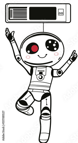 A charming robot is displaying its dancing abilities in a bright, contemporary living space filled with illumination, and its radiant eyes along with energetic movements generate an amusing ambiance