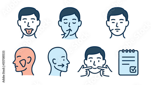 Outline with Fill vector icons of myofunctional therapy: tongue posture icon, nasal breathing, lip seal, chewing muscles, swallow correction, facial exercises, trainer device, therapy log.