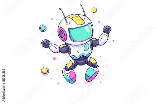 A lively robot performs a joyful dance on a vibrant surface, encircled by bubbles of color and whimsical touches that amplify its energetic display