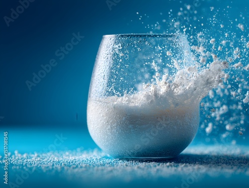 A glass of fizzy drink explodes with effervescence creating a dramatic splash of white foam against a vibrant blue background.