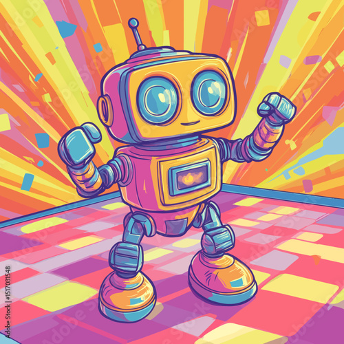 A lively robot charms bystanders with lively dance steps on a vibrant dance floor, where pulsating lights create the ideal atmosphere for this entertaining show
