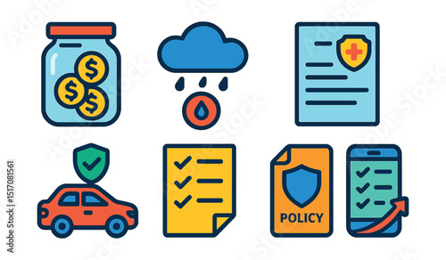 Flat vector icons of emergency fund and insurance: emergency savings jar, rainy day icon, safety net badge, health insurance document, auto insurance icon, coverage checklist, policy icon, claim