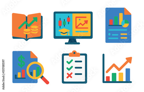 Flat vector icons of research and financial education: investment book, stock market course, online seminar screen, market report icon, earnings report file, research chart, analysis checklist,