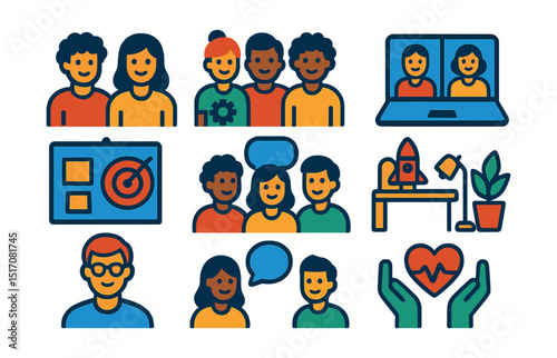 Flat vector icons of startup teams and collaboration: founder duo, cross-functional team, remote startup team, shared mission board, team stand-up icon, startup workspace, co-founder avatar,