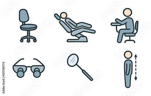 Outline with Fill vector icons of ergonomic dentistry: posture chair, patient tilt, elbow support, loupes icon, indirect mirror, wrist rest, operator zone, body alignment.