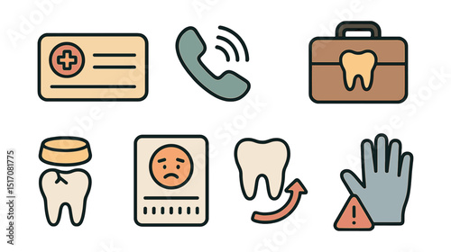 Outline with Fill style icons of dental emergencies protocol: trauma response card, referral hotline, bleeding checklist, mobile kit, temporary crown, pain control chart, reimplant icon, glove alert.