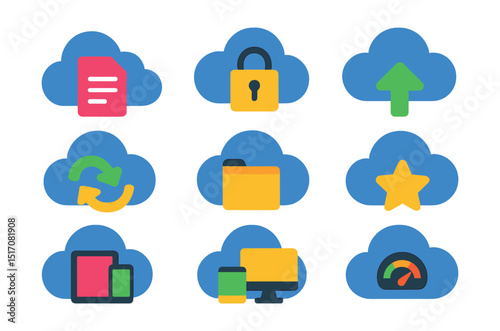 Flat vector icons of cloud storage and access: cloud file icon, secure cloud folder, upload to cloud, download from cloud, file sync icon, multi-device access, storage volume meter, quick access