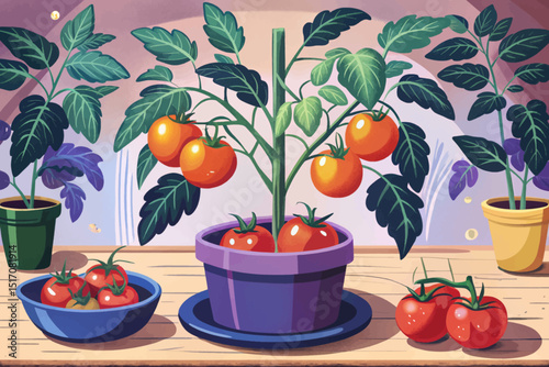 tomato set with plant and leaf illustration vector