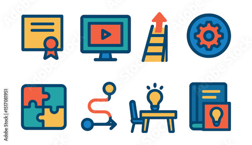 Flat vector icons of skills and training: certificate icon, online course screen, upskilling ladder, hard skills badge, soft skills puzzle, learning path, workshop table, training module.